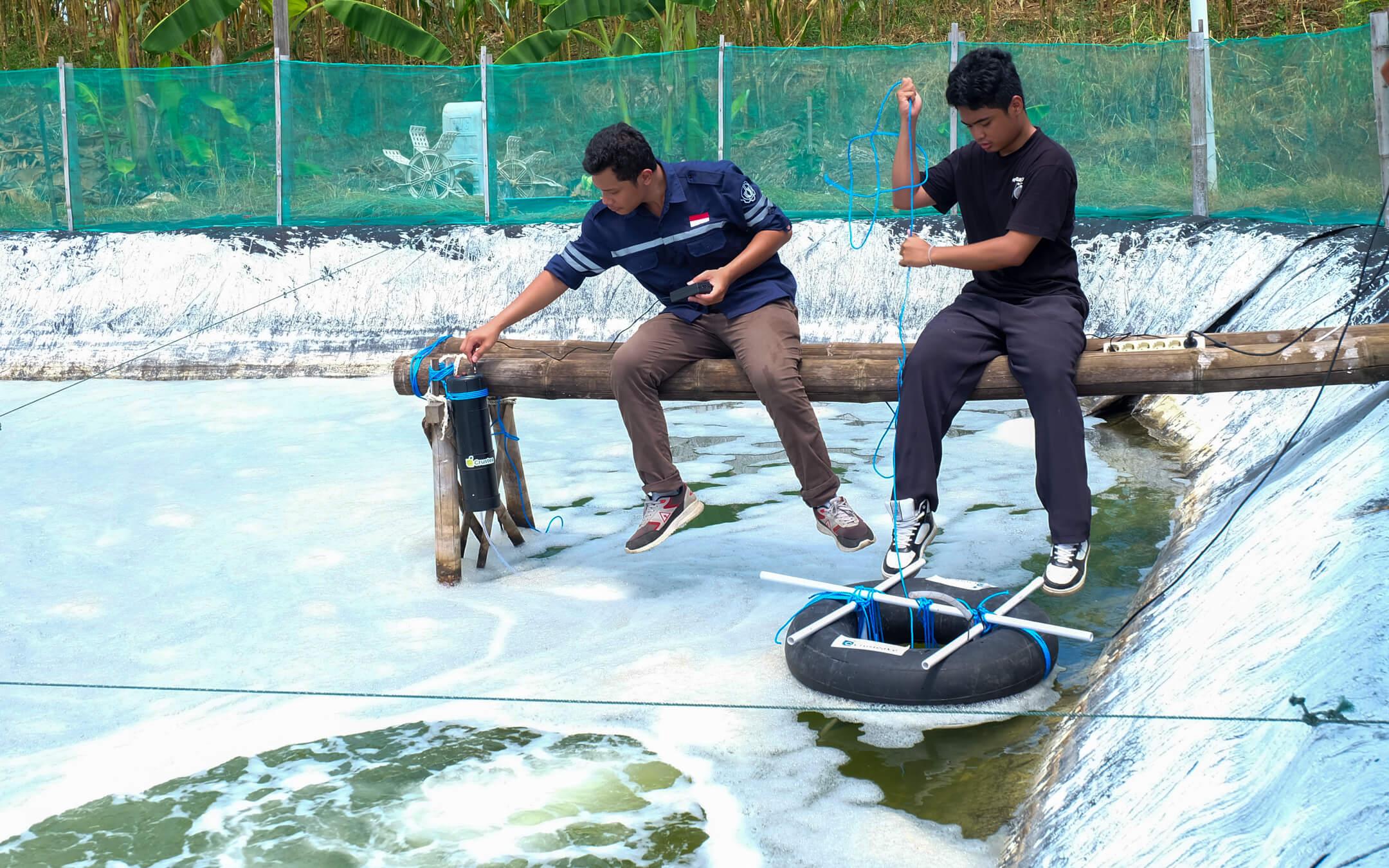 Indonesian shrimp farmers depend on electric aeration systems to oxygenate water and prevent pollution.
Photo: Crustea