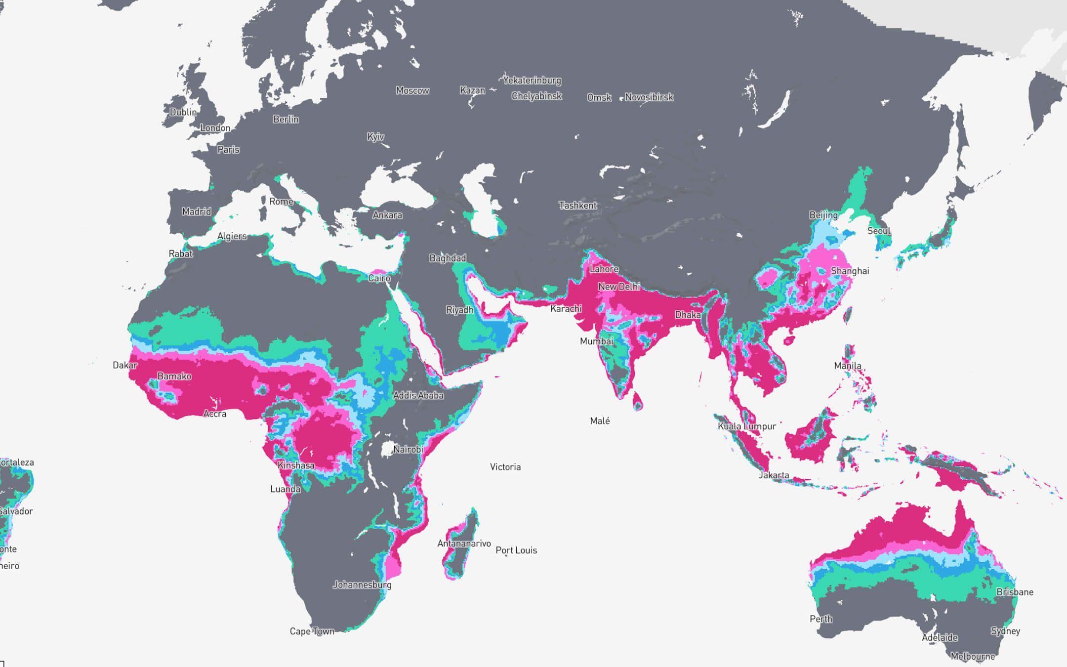 Probable Futures offers a wide variety of maps, delivering visual information about climate effects across temperatures, storms, rainfall, and other environmental metrics. 
Photo: Probable Futures