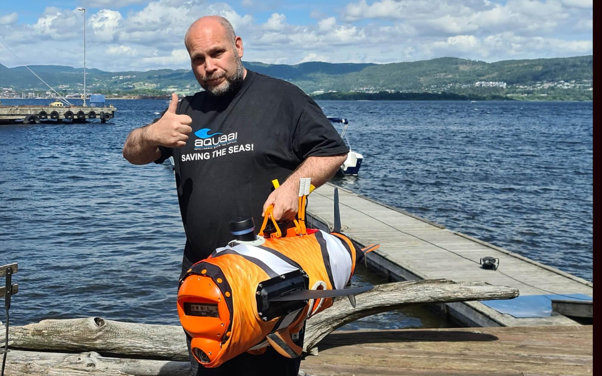 Co-founder Simeon Pieterkosky holds one of Aquaai’s fish-like drones. 
Photo: Aquaai