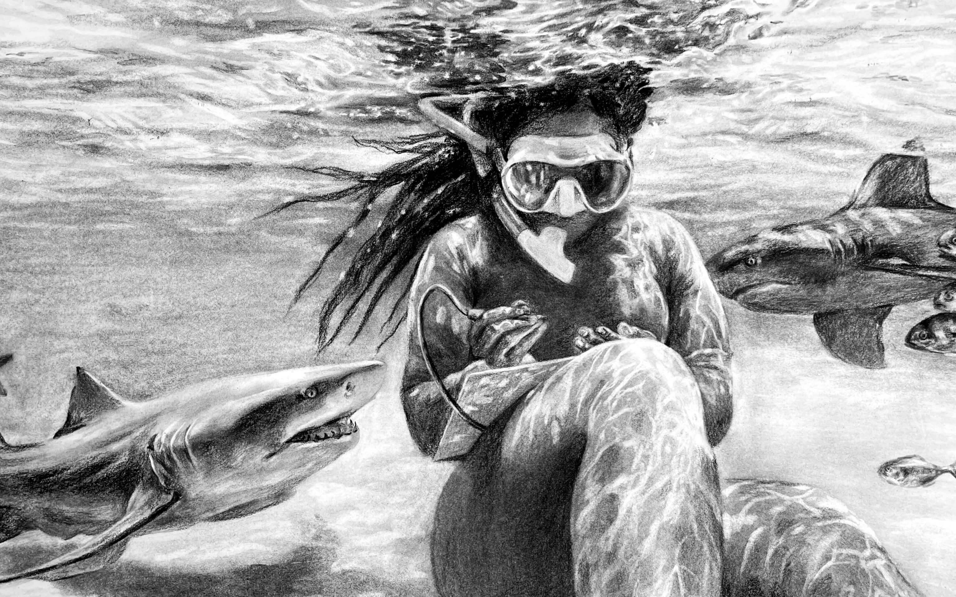 Carlee Jackson, co-founder of Minorities in Shark Science, conducts research underwater while surrounded by sharks. Charcoal on paper.
Photo: Bow Seat Ocean Awareness Programs