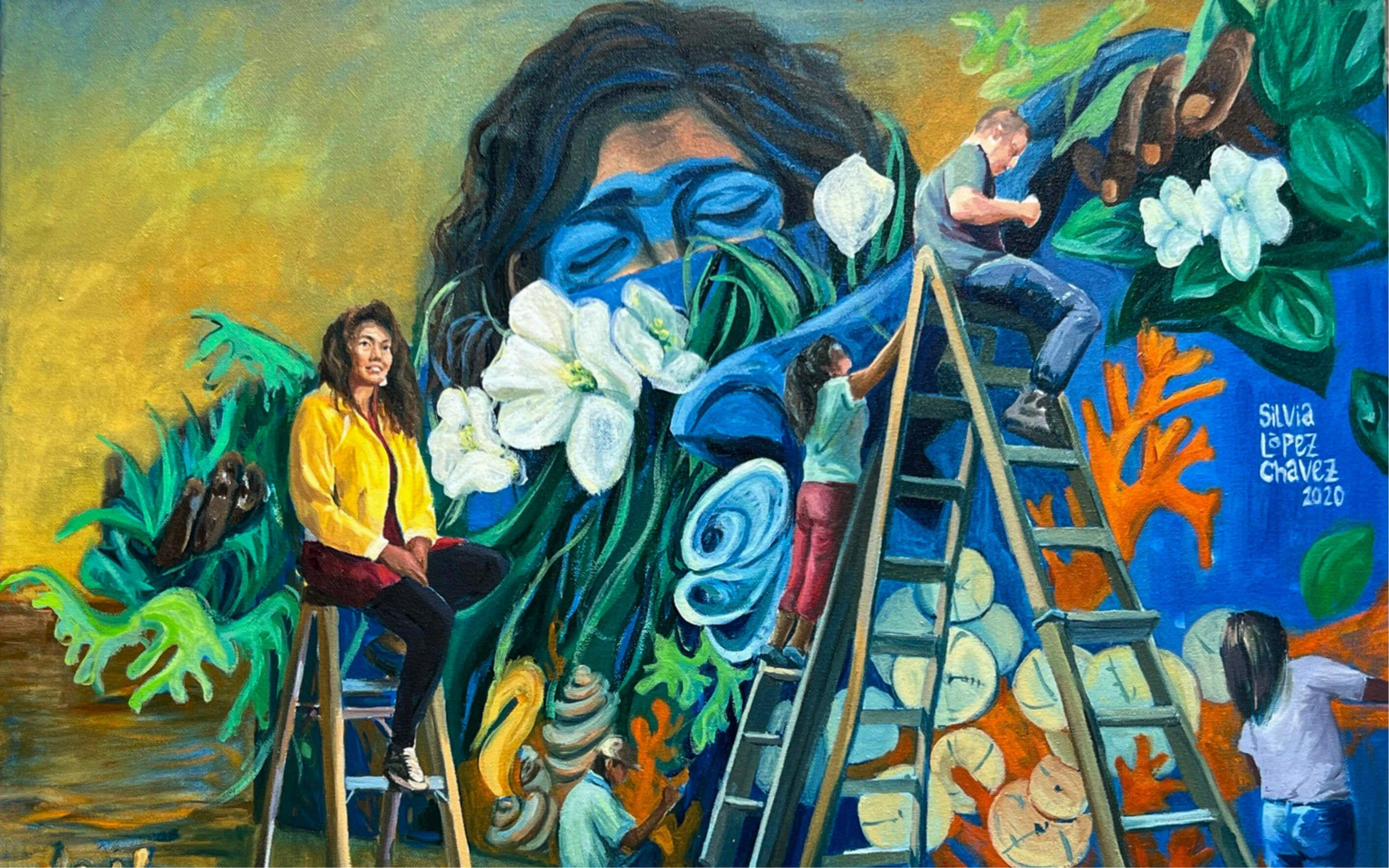 Silvia López Chavez, an artist and muralist, sits on a ladder before her mural, “Rise”, from which a larger version of herself emerges. Oil on canvas
Photo: Bow Seat Ocean Awareness Programs