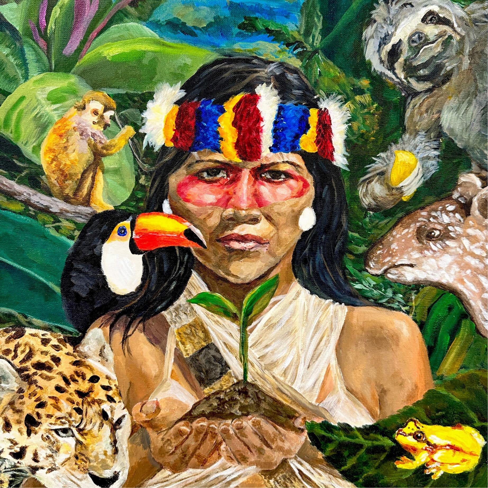 Nemonte Nenquimo, a leader of the Waorani Nation in the Amazon Forest, cradles a seedling in her hands while surrounded by wildlife. Acrylic on canvas.
Photo: Bow Seat Ocean Awareness Programs