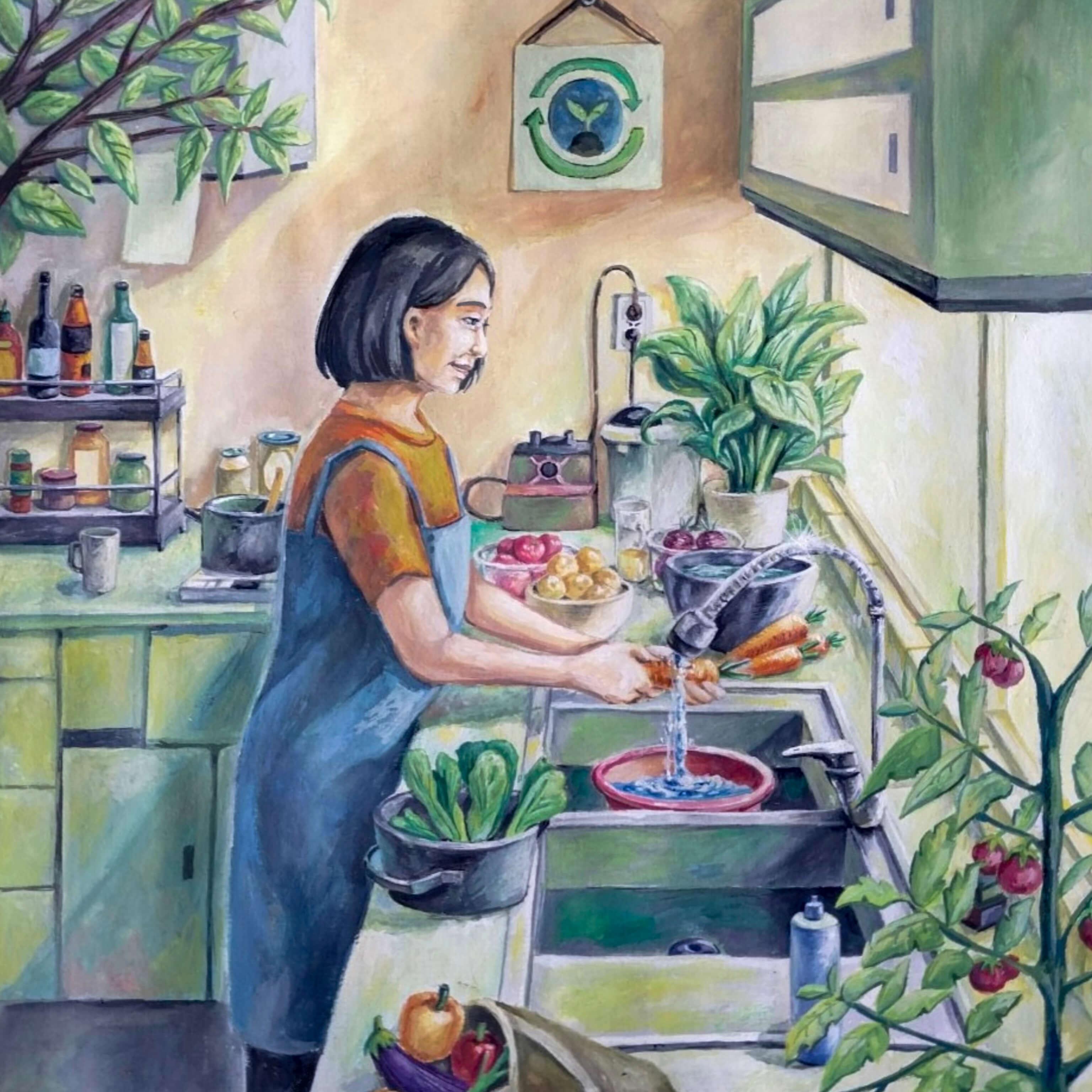 The artist’s mother, who makes an effort to live an environmentally-conscious lifestyle, washes vegetables in her kitchen as she prepares dinner. Poster colour and coloured pencil on paper.
Photo: Bow Seat Ocean Awareness Programs