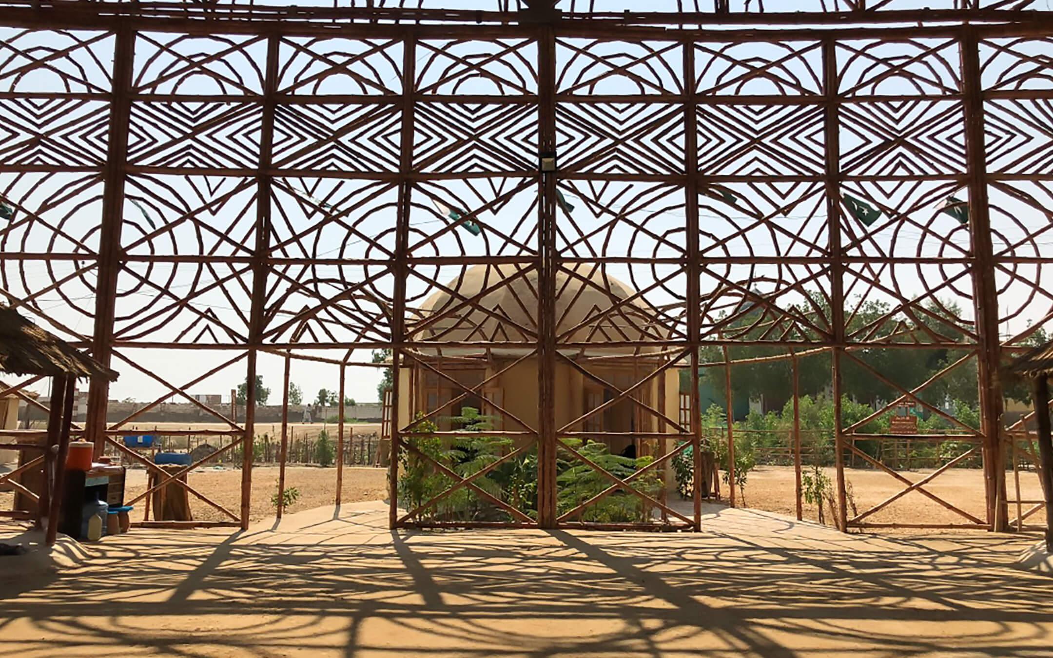 A view from inside Lari’s zero-carbon cultural centre, showcasing the intricate designs possible from sustainable building materials.
Photo: The Heritage Foundation of Pakistan
